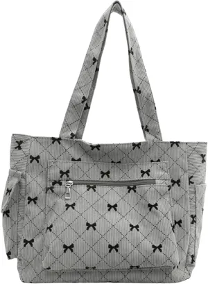 Corduroy Tote Bag for Women Cute Bow Shoulder Bag Purse with Pockets and Zipper Large Tote Bag for Travel Shopping
