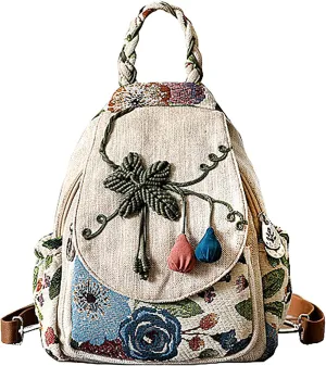 Cotton Small Backpack Purse Fashion Hand Knitting Mini Casual Chest Bag for Women(floral2), White1