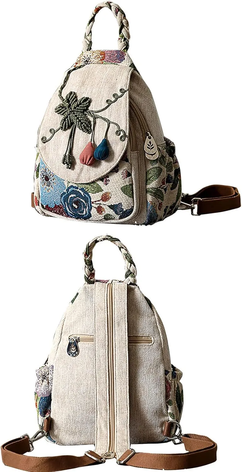 Cotton Small Backpack Purse Fashion Hand Knitting Mini Casual Chest Bag for Women(floral2), White1