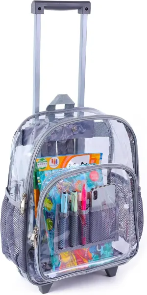 COVAX Rolling Clear Backpack, Heavy Duty See Through Bookbag, Transparent PVC Cold-resistant Backpack with Wheels (Grey)