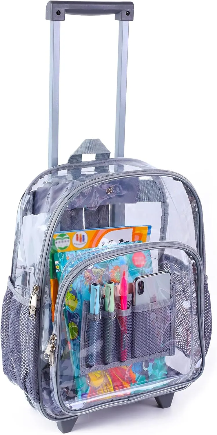 COVAX Rolling Clear Backpack, Heavy Duty See Through Bookbag, Transparent PVC Cold-resistant Backpack with Wheels (Grey)