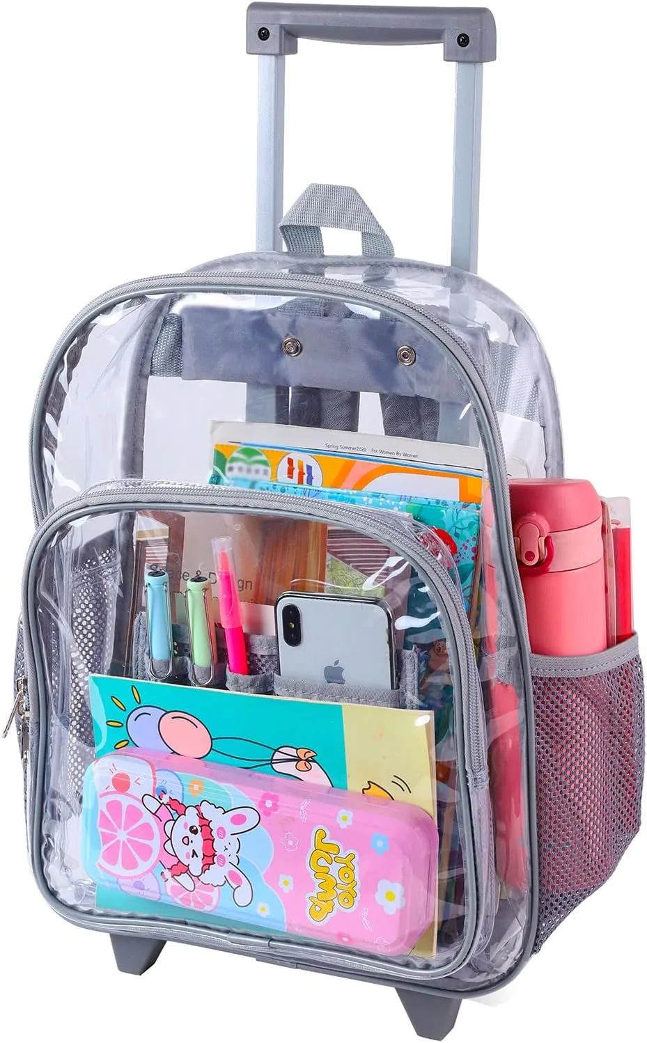 COVAX Rolling Clear Backpack, Heavy Duty See Through Bookbag, Transparent PVC Cold-resistant Backpack with Wheels (Grey)