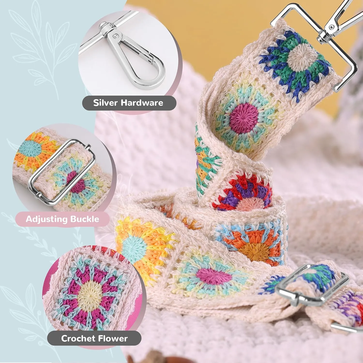 Crochet Flower Purse Straps Silver Hardware,2" Wide Bag Strap Replacement for Crossbody Adjustable