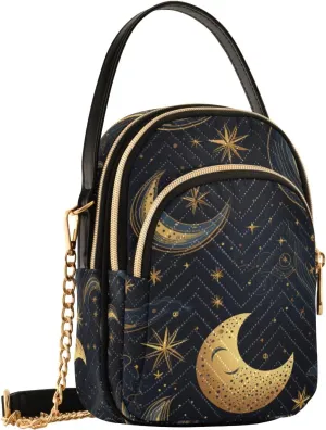 Crossbody Bag for Women, Tribe Moon Stars Black Phone Purse Detachable Chain Bag Shoulder Handbag Wallet