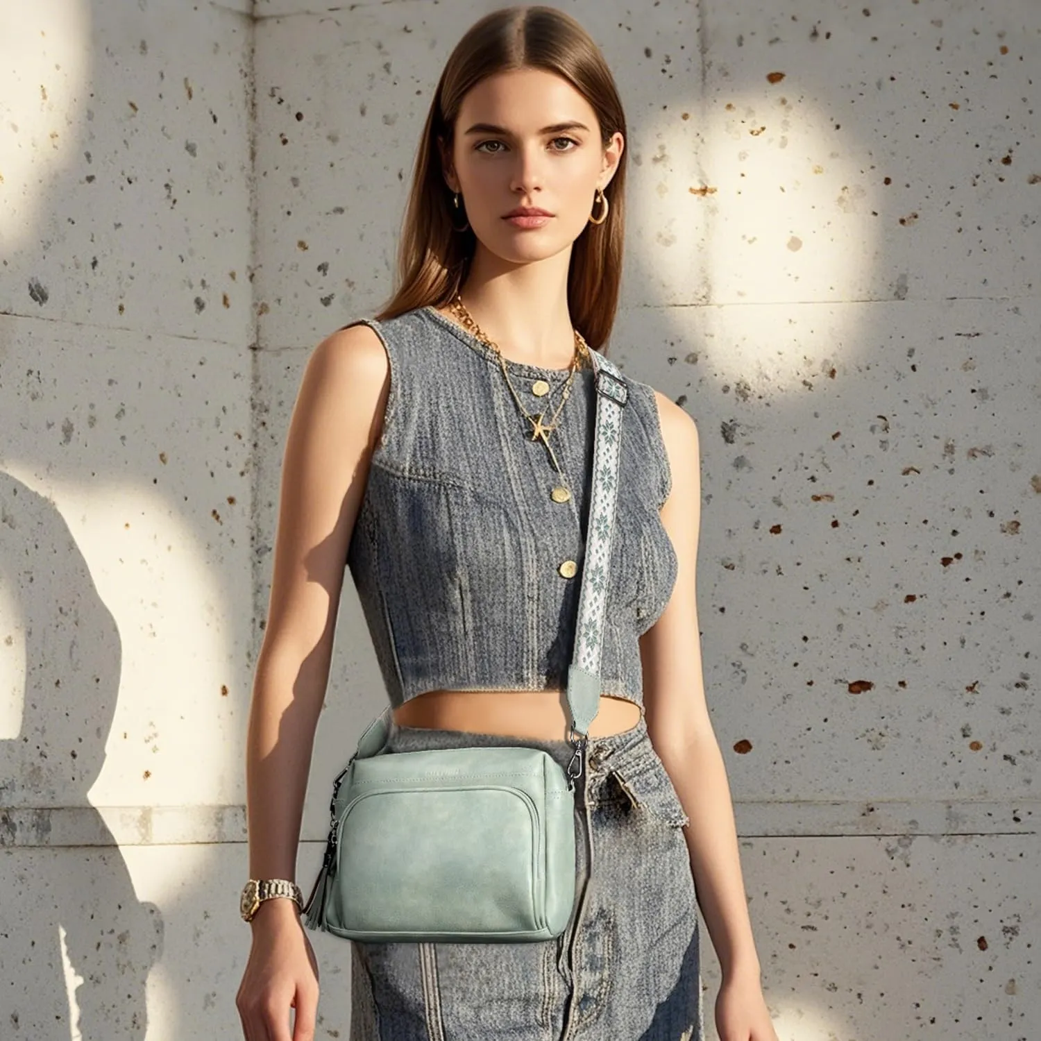 Crossbody Bags for Women Lightweight Vegan Leather Crossbody Shoulder Bag Phone Purse with Adjustable Guitar Strap