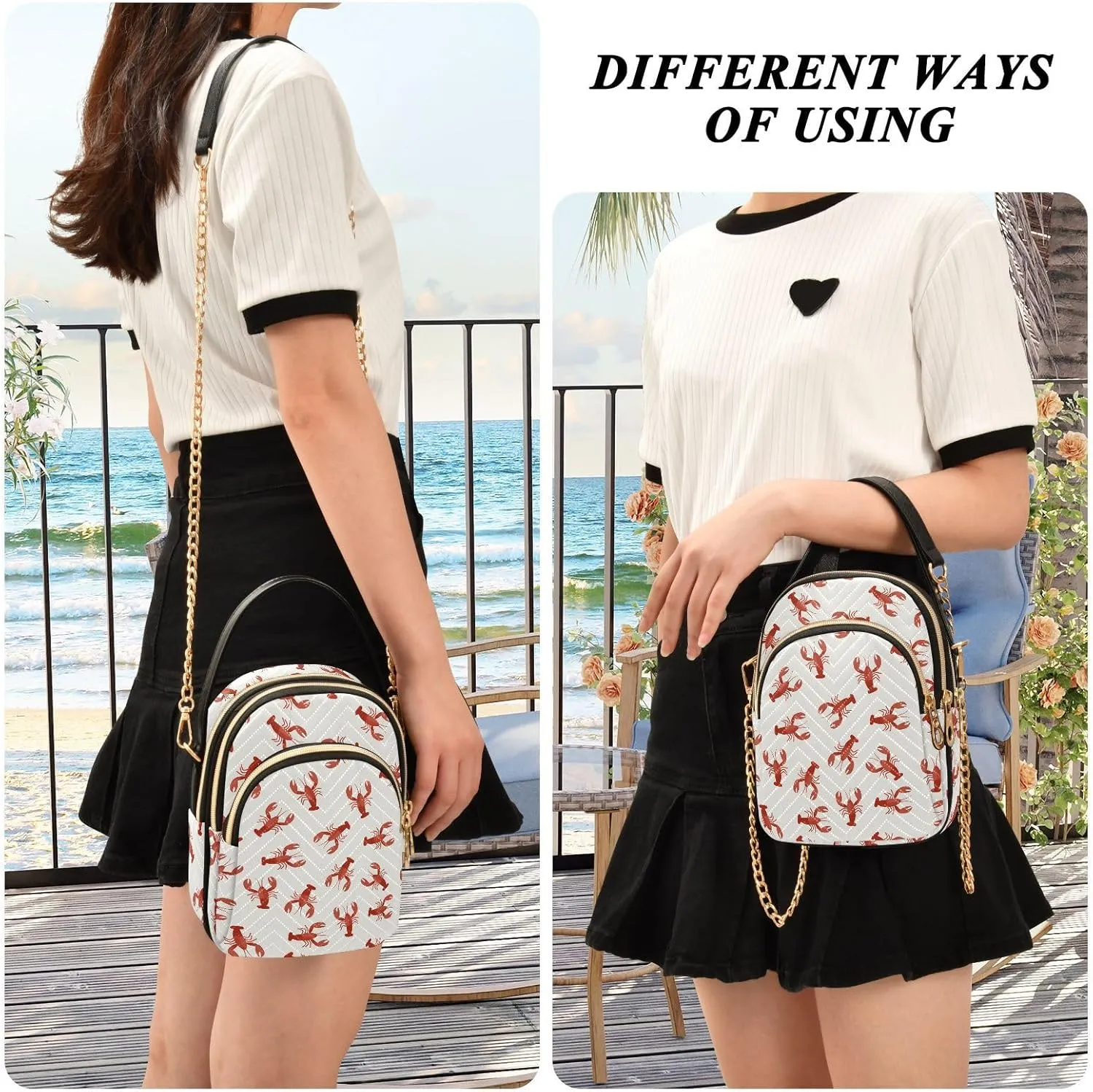 Crossbody Bags for Women Lobster Quilted Chain Crossbody Purses Trendy Blue Wave Cross Body Phone Purse Handbag