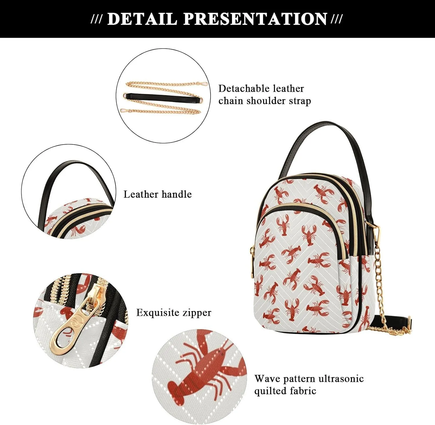 Crossbody Bags for Women Lobster Quilted Chain Crossbody Purses Trendy Blue Wave Cross Body Phone Purse Handbag