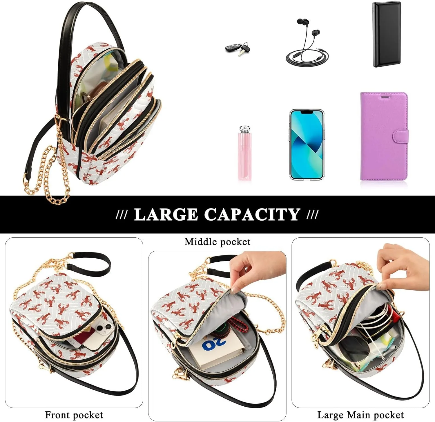 Crossbody Bags for Women Lobster Quilted Chain Crossbody Purses Trendy Blue Wave Cross Body Phone Purse Handbag