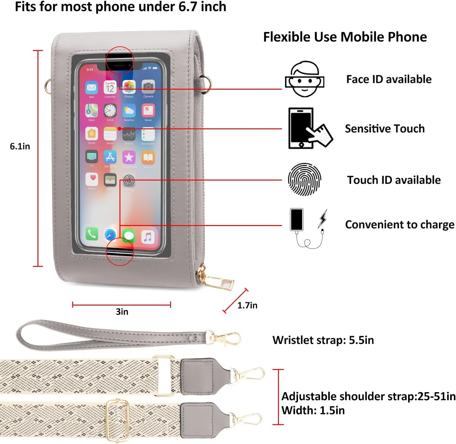 CrossBody Bags with Touchscreen Cell Phone Purse Window Zipper Pocket,RFID Blocking Card Holder iPhone bag for Women