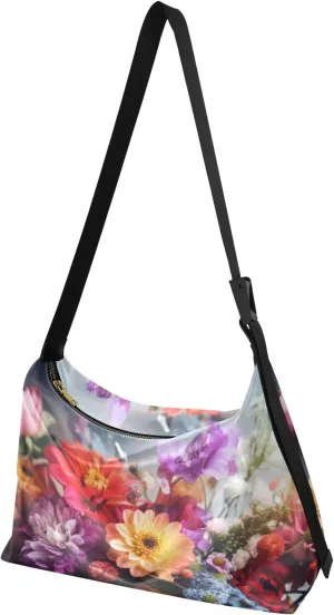 Crossbody Purse Shoulder Bag for Women-Bunch Vivid Flower Print, Large Capacity Leather Handbags Zipper Closure with Fabric Strap