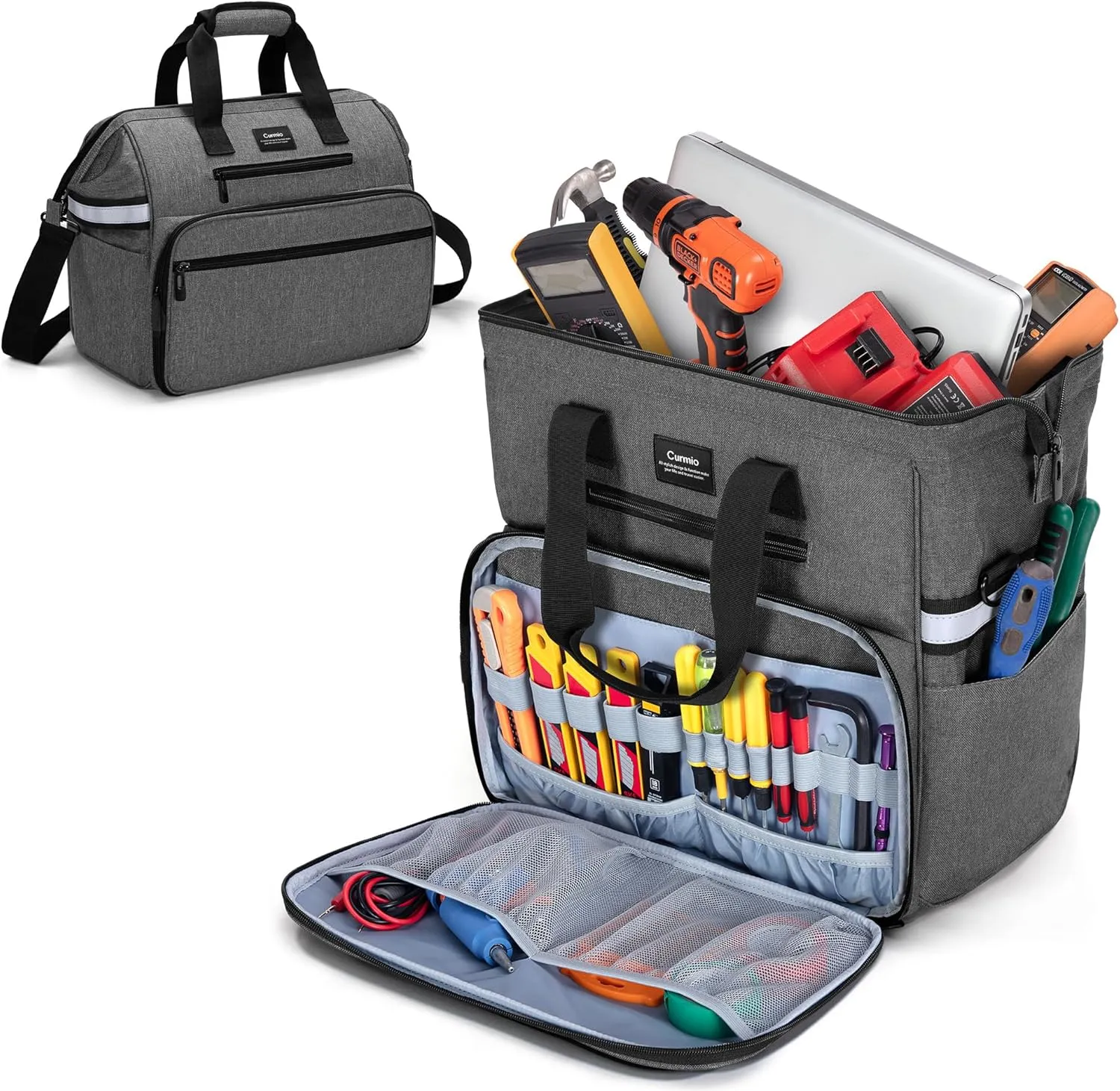 CURMIO Electrician Tool Bag, Technician Organizer with Laptop Sleeve Compatible with Klein Tools, Circuit Testers, HVAC Tools, Electrical Equipment, Gray, Bag Only