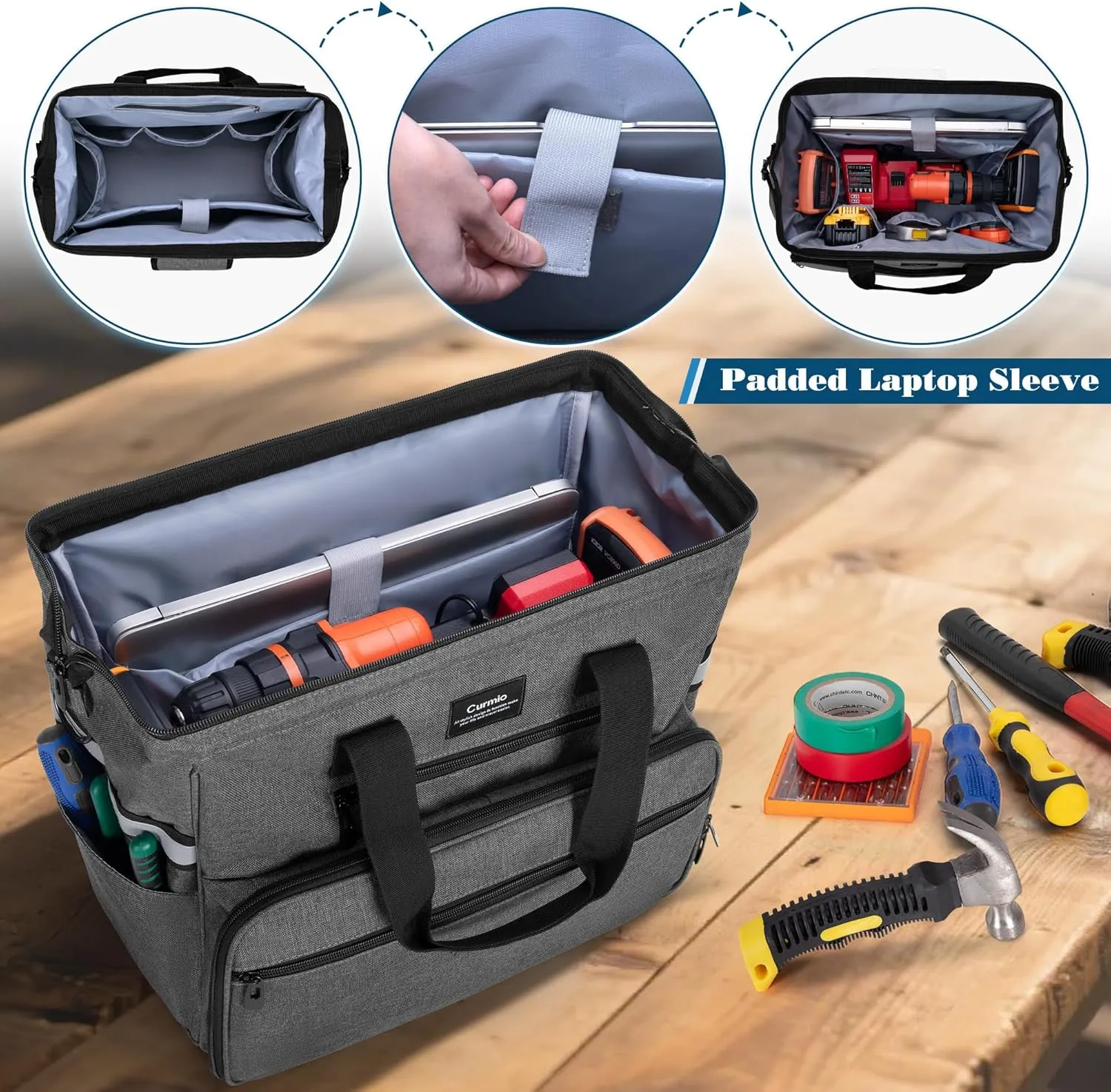 CURMIO Electrician Tool Bag, Technician Organizer with Laptop Sleeve Compatible with Klein Tools, Circuit Testers, HVAC Tools, Electrical Equipment, Gray, Bag Only