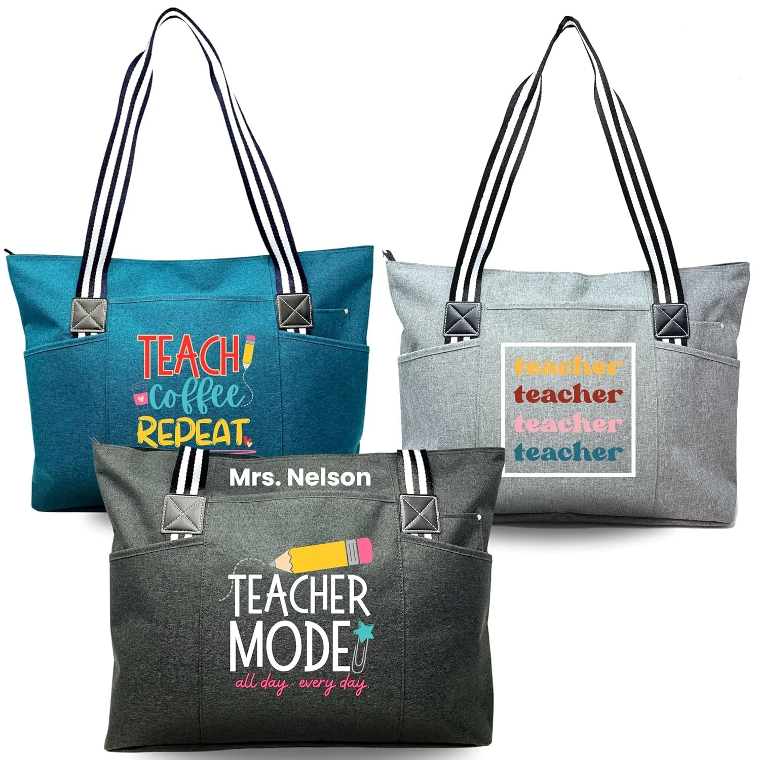 Custom-designed or personalized Brooke & Jess Designs Functional and Durable Tessa Work Bag Tote Bag with zipper and interior pockets for Teachers (Gray)
