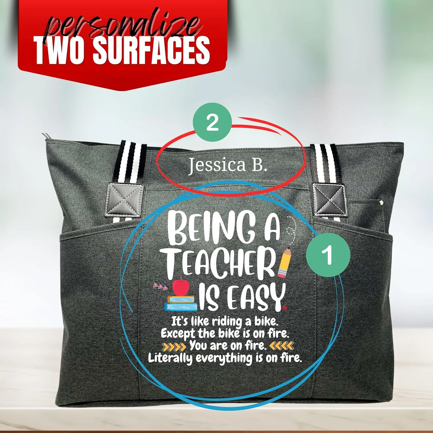Custom-designed or personalized Brooke & Jess Designs Functional and Durable Tessa Work Bag Tote Bag with zipper and interior pockets for Teachers (Gray)