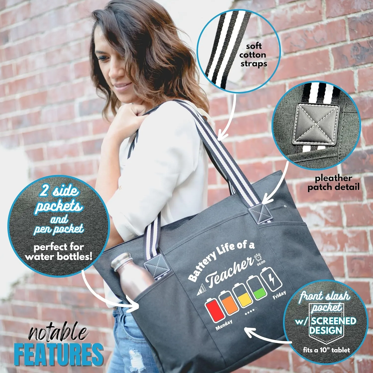 Custom-designed or personalized Brooke & Jess Designs Functional and Durable Tessa Work Bag Tote Bag with zipper and interior pockets for Teachers (Gray)