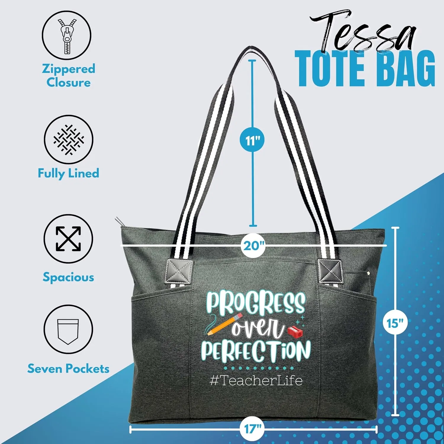 Custom-designed or personalized Brooke & Jess Designs Functional and Durable Tessa Work Bag Tote Bag with zipper and interior pockets for Teachers (Gray)