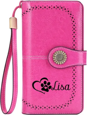 Custom Wristlet Wallet,Personalized Engraved Name Wallets with RFID Blocking Large Capacity Clutch Purse Credit Card Holder (Rose-1)