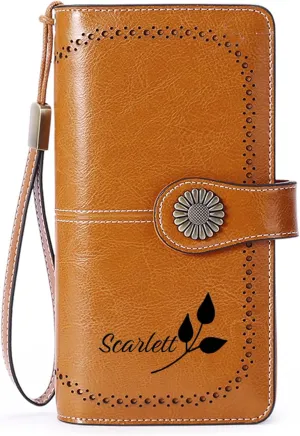 Custom Wristlet Wallet,Personalized Engraved Name Wallets with RFID Blocking Large Capacity Wristlet Clutch Purse Credit Card Holder for Women (Genuine Leather, Brown)