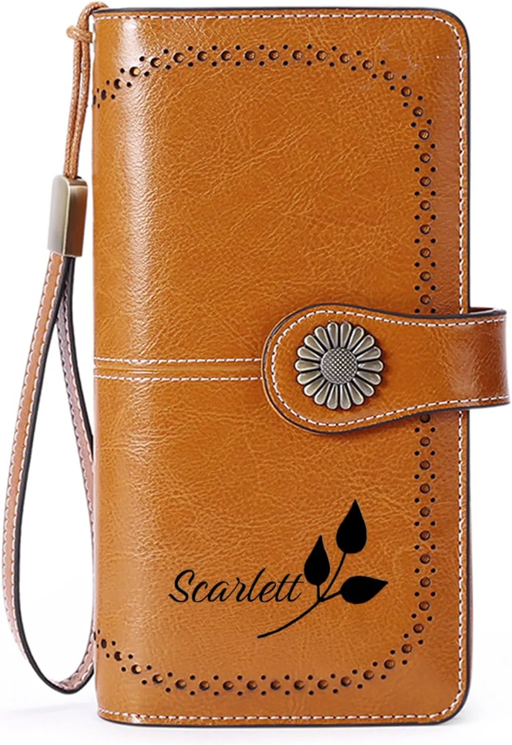 Custom Wristlet Wallet,Personalized Engraved Name Wallets with RFID Blocking Large Capacity Wristlet Clutch Purse Credit Card Holder for Women (Genuine Leather, Brown)