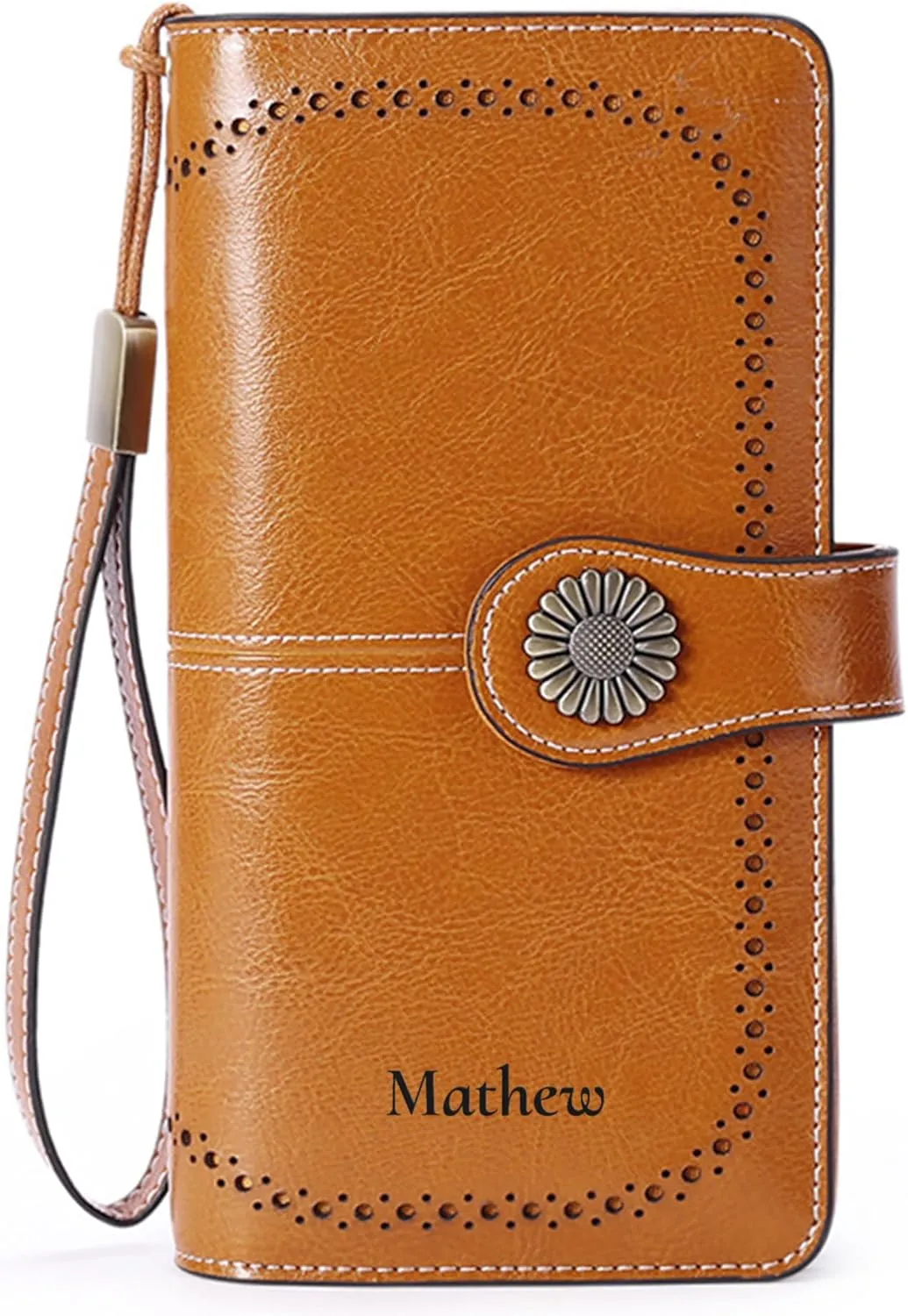 Custom Wristlet Wallet,Personalized Engraved Name Wallets with RFID Blocking Large Capacity Wristlet Clutch Purse Credit Card Holder for Women (Genuine Leather, Brown)