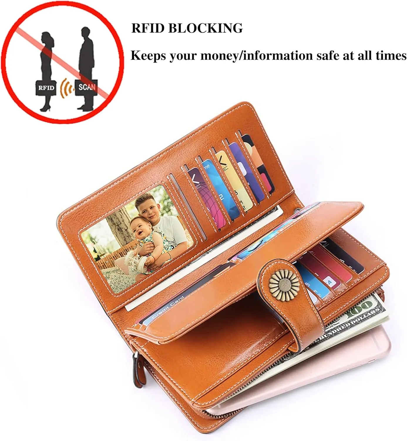 Custom Wristlet Wallet,Personalized Engraved Name Wallets with RFID Blocking Large Capacity Wristlet Clutch Purse Credit Card Holder for Women (Genuine Leather, Brown)