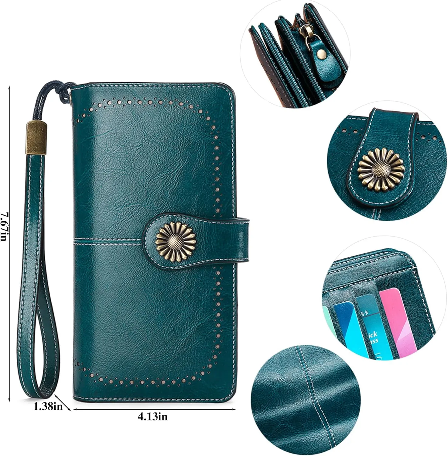 Custom Wristlet Wallet,Personalized Engraved Name Wallets with RFID Blocking Large Capacity Wristlet Clutch Purse Credit Card Holder for Women (Genuine Leather, Peacock blue)