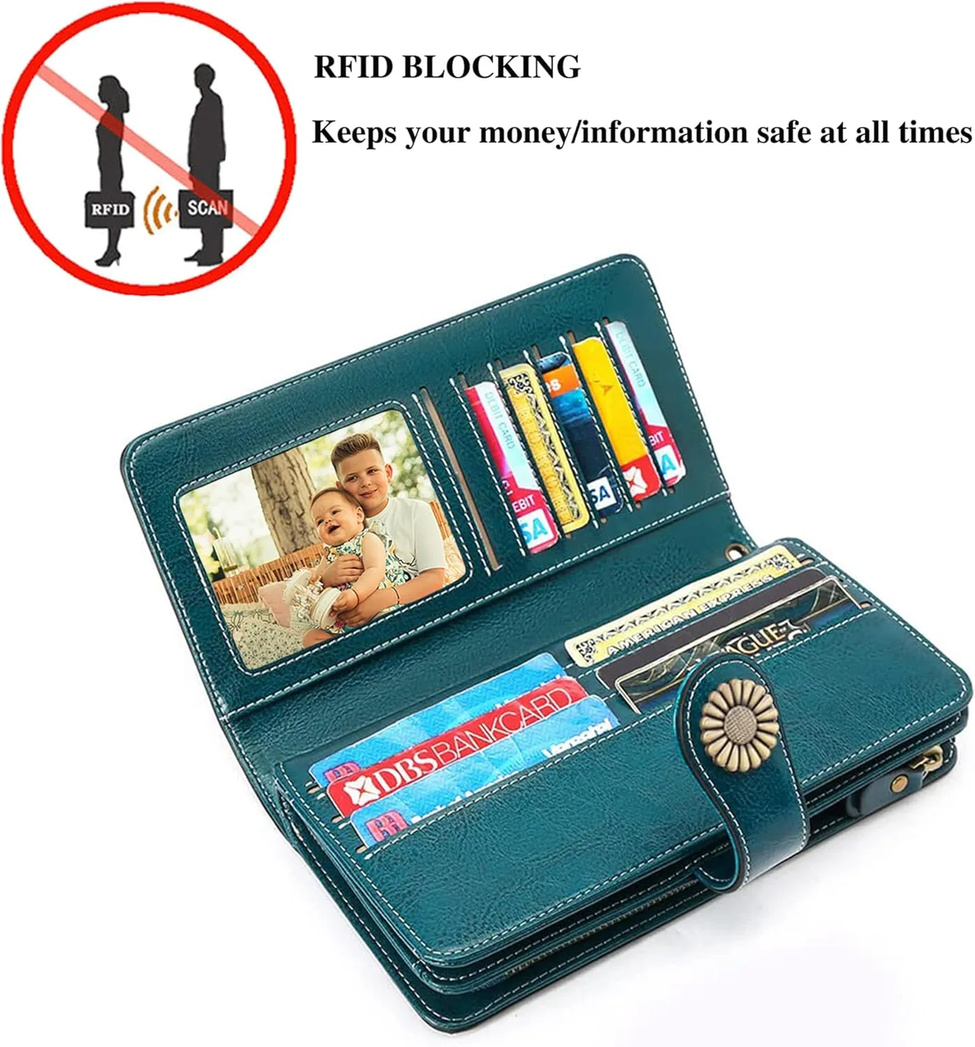 Custom Wristlet Wallet,Personalized Engraved Name Wallets with RFID Blocking Large Capacity Wristlet Clutch Purse Credit Card Holder for Women (Genuine Leather, Peacock blue)