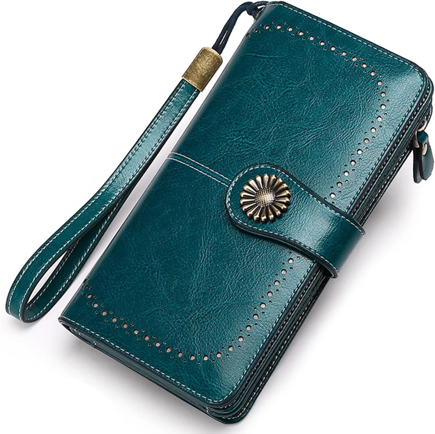 Custom Wristlet Wallet,Personalized Engraved Name Wallets with RFID Blocking Large Capacity Wristlet Clutch Purse Credit Card Holder for Women (Genuine Leather, Peacock blue)