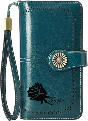 Custom Wristlet Wallet,Personalized Engraved Name Wallets with RFID Blocking Large Capacity Wristlet Clutch Purse Credit Card Holder for Women (Genuine Leather, Peacock blue)
