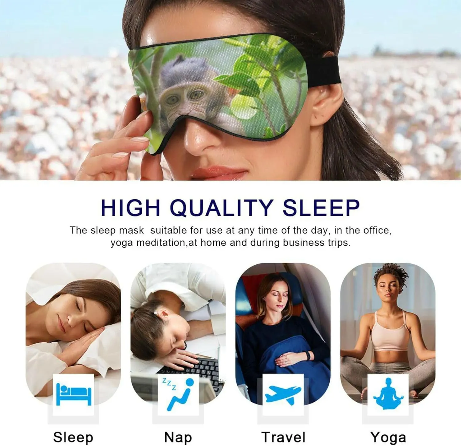 Cute Monkey Sleep Mask Light Blocking Eye Mask for Sleeping with Adjustable Strap Wildlife Soft Lightweight Eye Cover Blindfold for Men Women Work Travel Naps