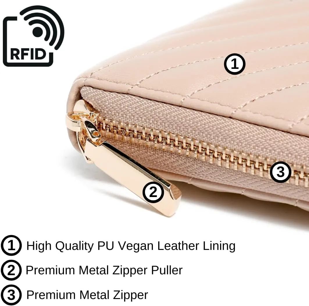 Daisy Rose Women’s Zip-Around Wallet & Phone Clutch with RFID Blocking, PU Vegan Leather (Beige)