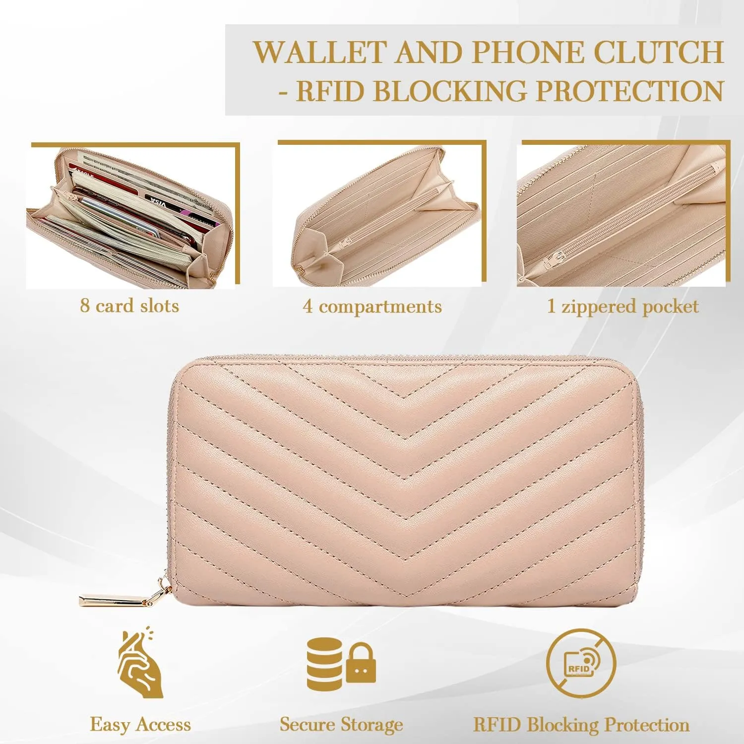 Daisy Rose Women’s Zip-Around Wallet & Phone Clutch with RFID Blocking, PU Vegan Leather (Beige)