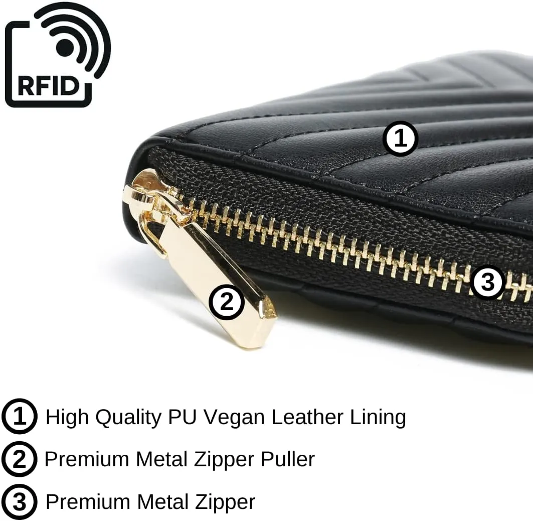 Daisy Rose Women’s Zip-Around Wallet & Phone Clutch with RFID Blocking, PU Vegan Leather (Black)