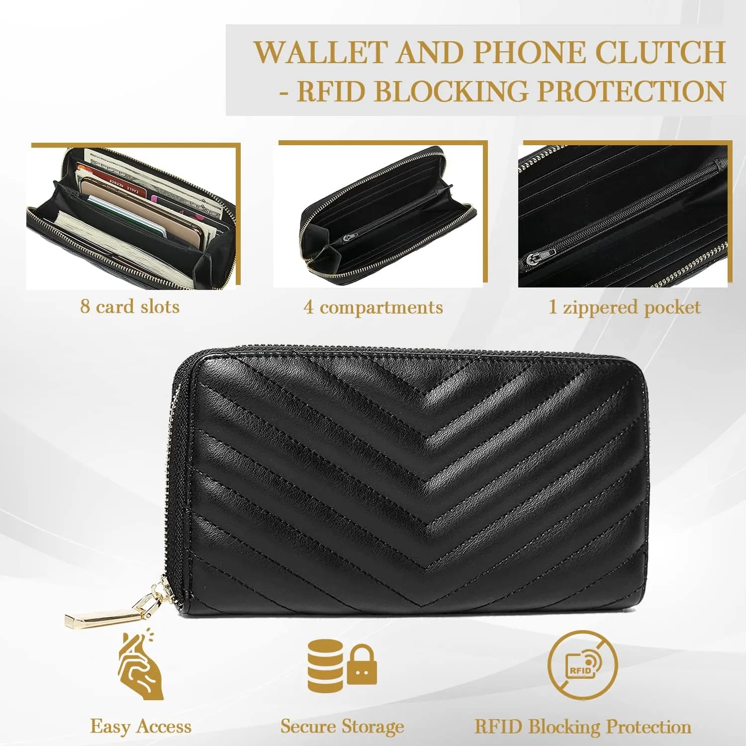 Daisy Rose Women’s Zip-Around Wallet & Phone Clutch with RFID Blocking, PU Vegan Leather (Black)