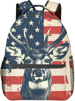 Deer American Flag Backpack Travel Backpacks Laptop Rucksack,School Bookbag for Women Kids Boys Girls,Patriotic Wildlife Back Pack Accessories Bags,Ideal Gifts for Work, Outdoor Adventures