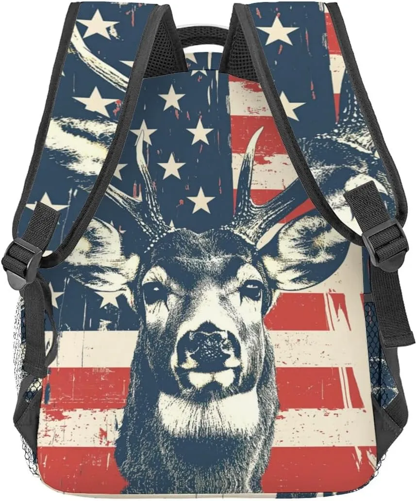 Deer American Flag Backpack Travel Backpacks Laptop Rucksack,School Bookbag for Women Kids Boys Girls,Patriotic Wildlife Back Pack Accessories Bags,Ideal Gifts for Work, Outdoor Adventures