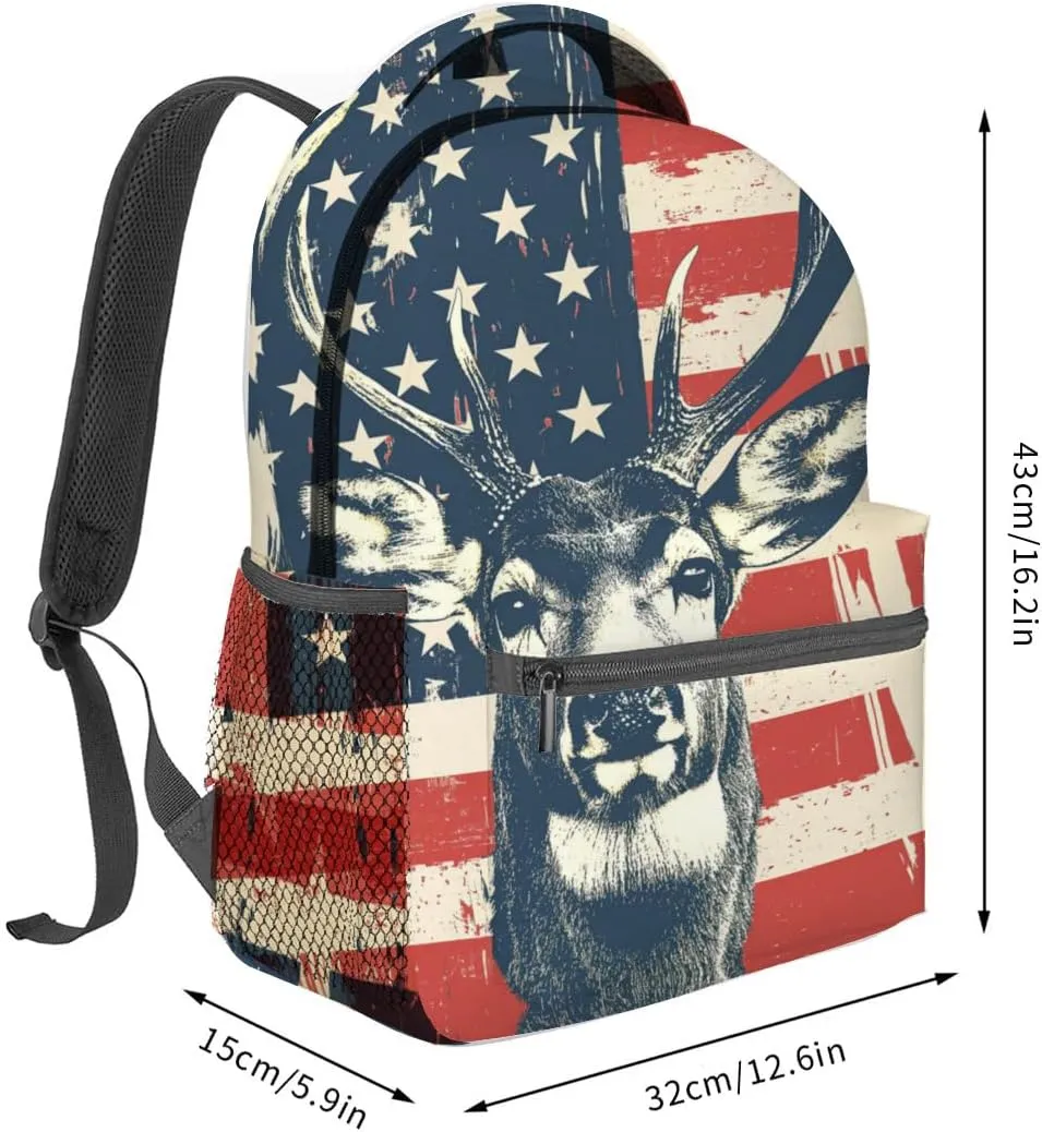 Deer American Flag Backpack Travel Backpacks Laptop Rucksack,School Bookbag for Women Kids Boys Girls,Patriotic Wildlife Back Pack Accessories Bags,Ideal Gifts for Work, Outdoor Adventures