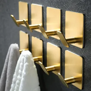 DELITON 8 Pack Gold Wall Hooks - Adhesive Towel Hooks for Bathrooms Kitchen Livingroom Garage, Heavy Duty Hooks for Walls No Damage Command Hooks for Coat Robe Waterproof Stainless Steel