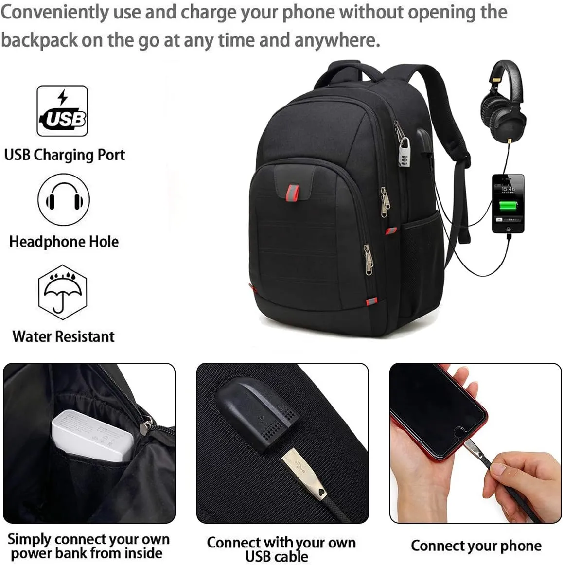 Della Gao Laptop Backpack for Men, Large Anti-Theft Business Travel Backpack with USB Charging Port, Water Resistant College School Computer Bag for Men/Women for 17 Inch Laptop and Notebook