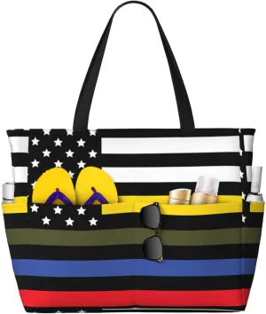 Dispatch Police Military Fire Flag Tote Bag With 8 Storage Pockets Top Zip Shoulder Bag Handbag For Travel Work Women