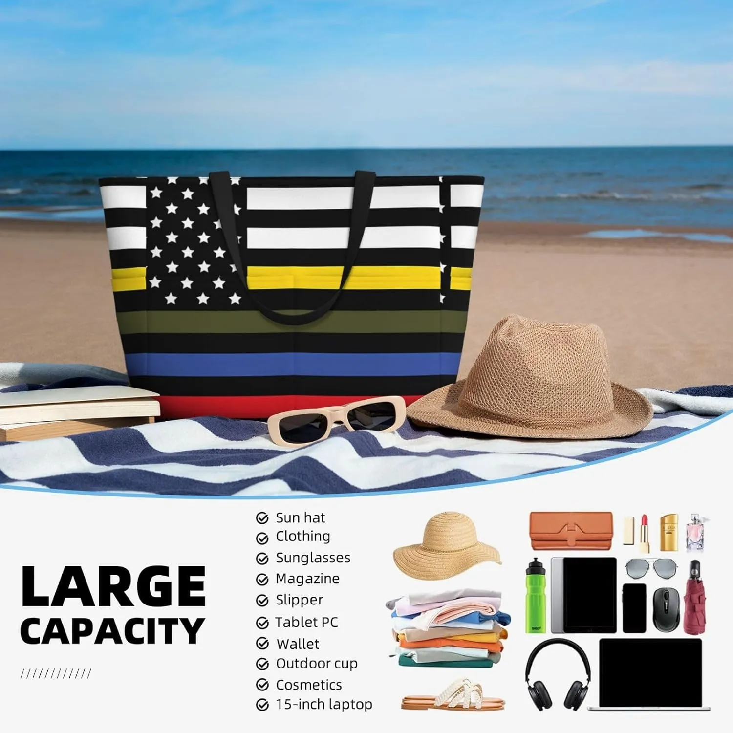 Dispatch Police Military Fire Flag Tote Bag With 8 Storage Pockets Top Zip Shoulder Bag Handbag For Travel Work Women