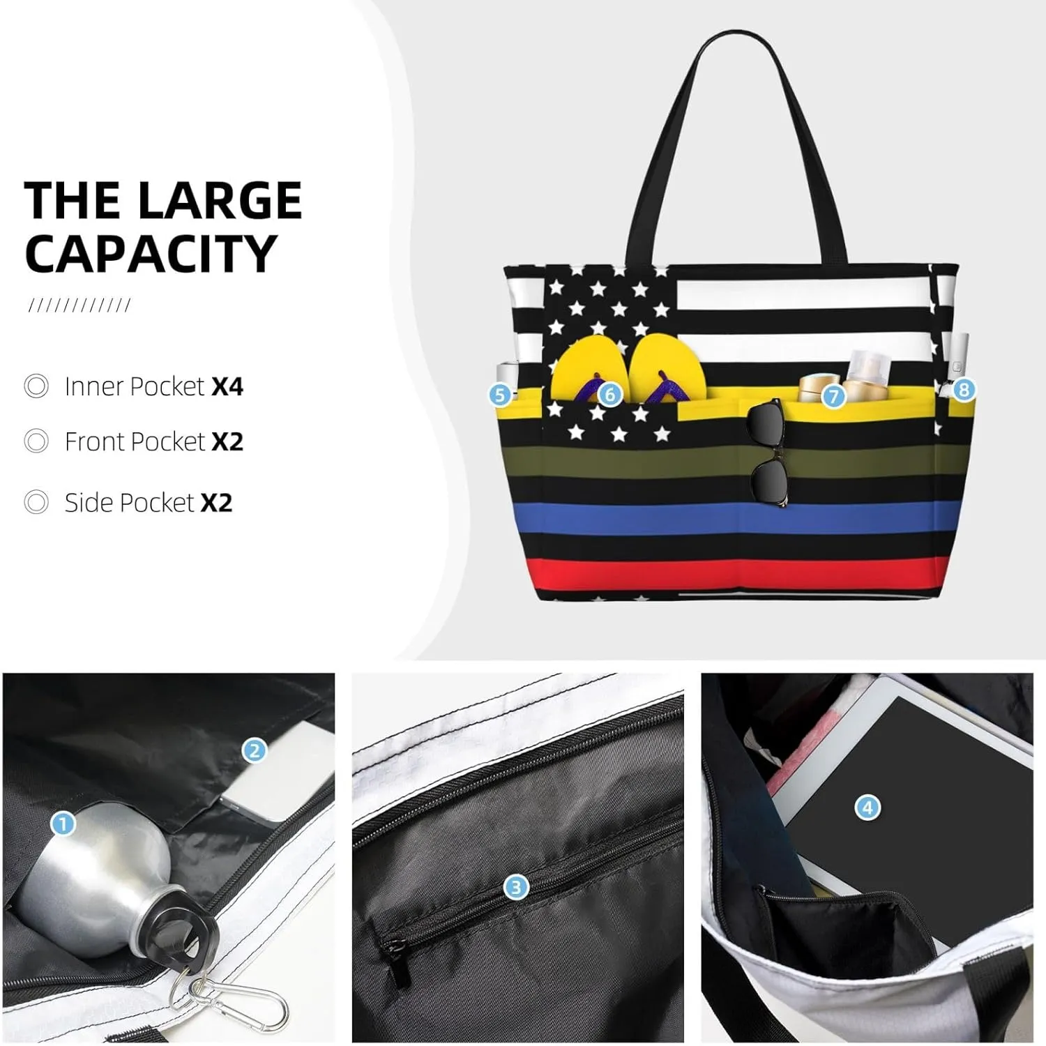 Dispatch Police Military Fire Flag Tote Bag With 8 Storage Pockets Top Zip Shoulder Bag Handbag For Travel Work Women