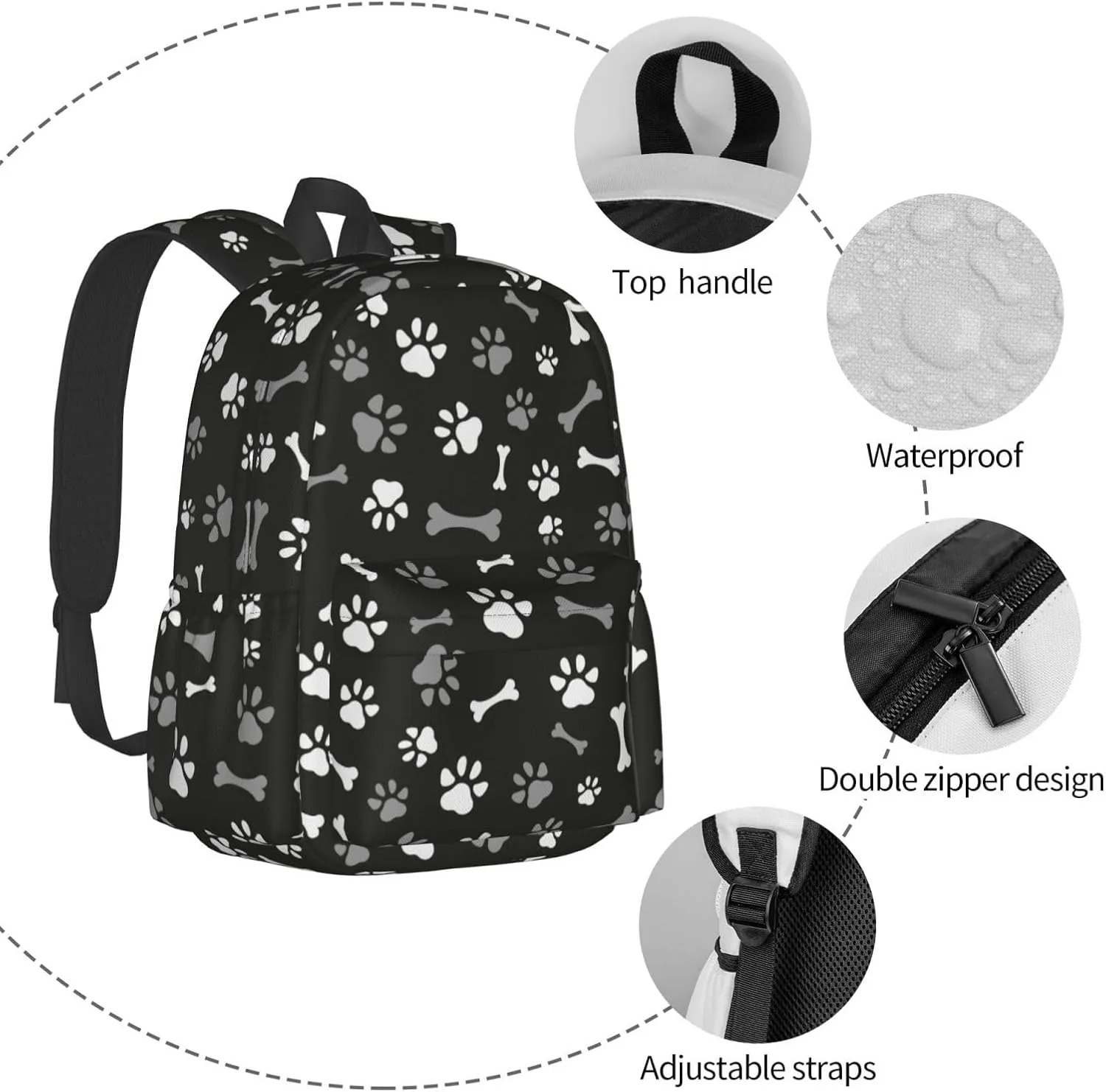 Dog Paws And Bones Laptop Backpack For Men Women, Animal Footprints Lightweight Daypack Bookbag For Daily Commutes Business Travel Hiking