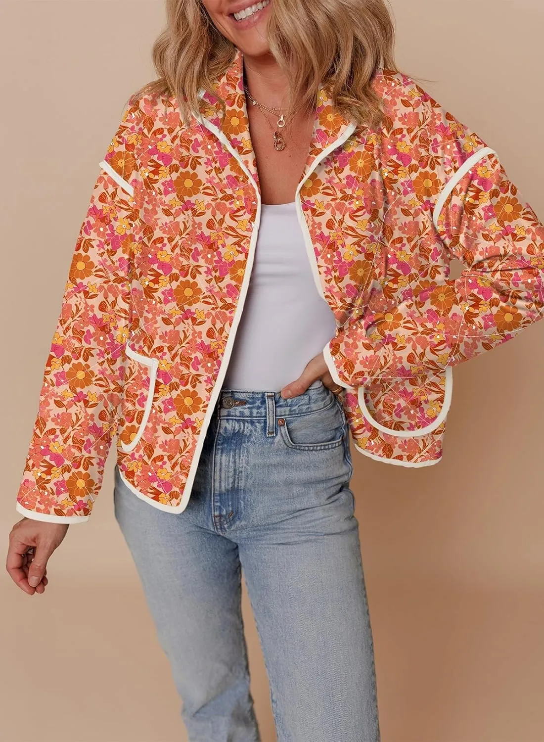 Dokotoo Warm Quilted Jackets for Women Long Sleeve Floral Print Button Down Puffer Jacket Coats with Pockets