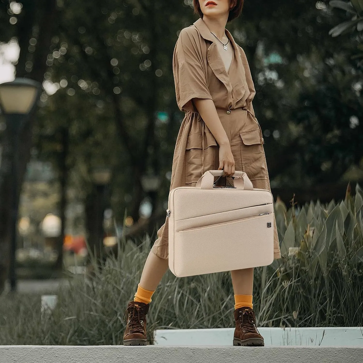 DOMISO 15.6 Inch Laptop Carrying Bag Business Briefcase Waterproof Messenger Shoulder Bag for 15"-15.6" Laptop/Apple/IdeaPad/Acer Aspire/HP ENVY 15 / Dell XPS 15, Beige