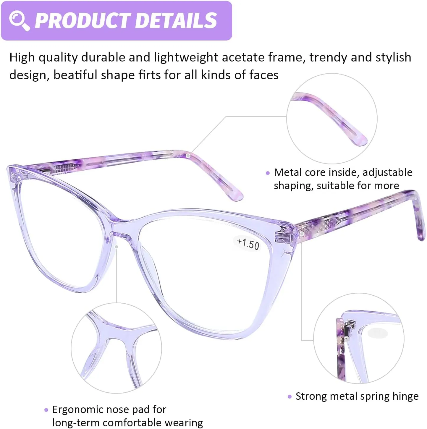 DOOViC Computer Reading Glasses Blue Light Blocking Anti Eyestrain Fashion Cat Eye Spring Hinge Readers for Women 0.0 Strength
