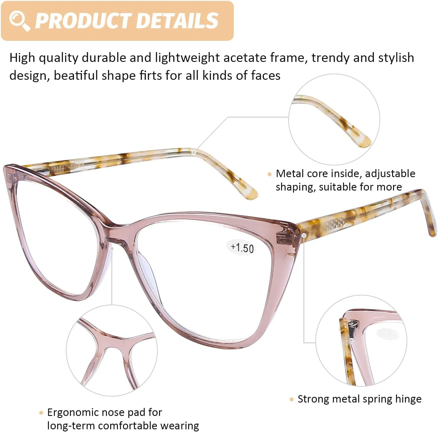 DOOViC Computer Reading Glasses Blue Light Blocking Anti Eyestrain Fashion Cat Eye Spring Hinge Readers for Women 0.0 Strength
