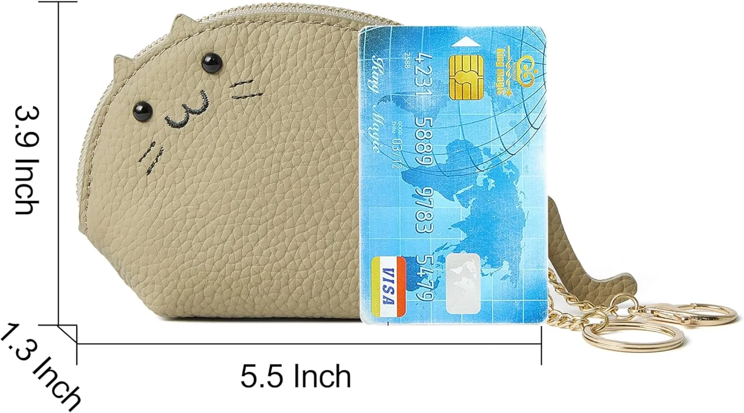 Doris&Jacky Leather Zipper Coin Purse Lovely Cat Design Coin Pouch And Wallet With Keychain (1-Grey)