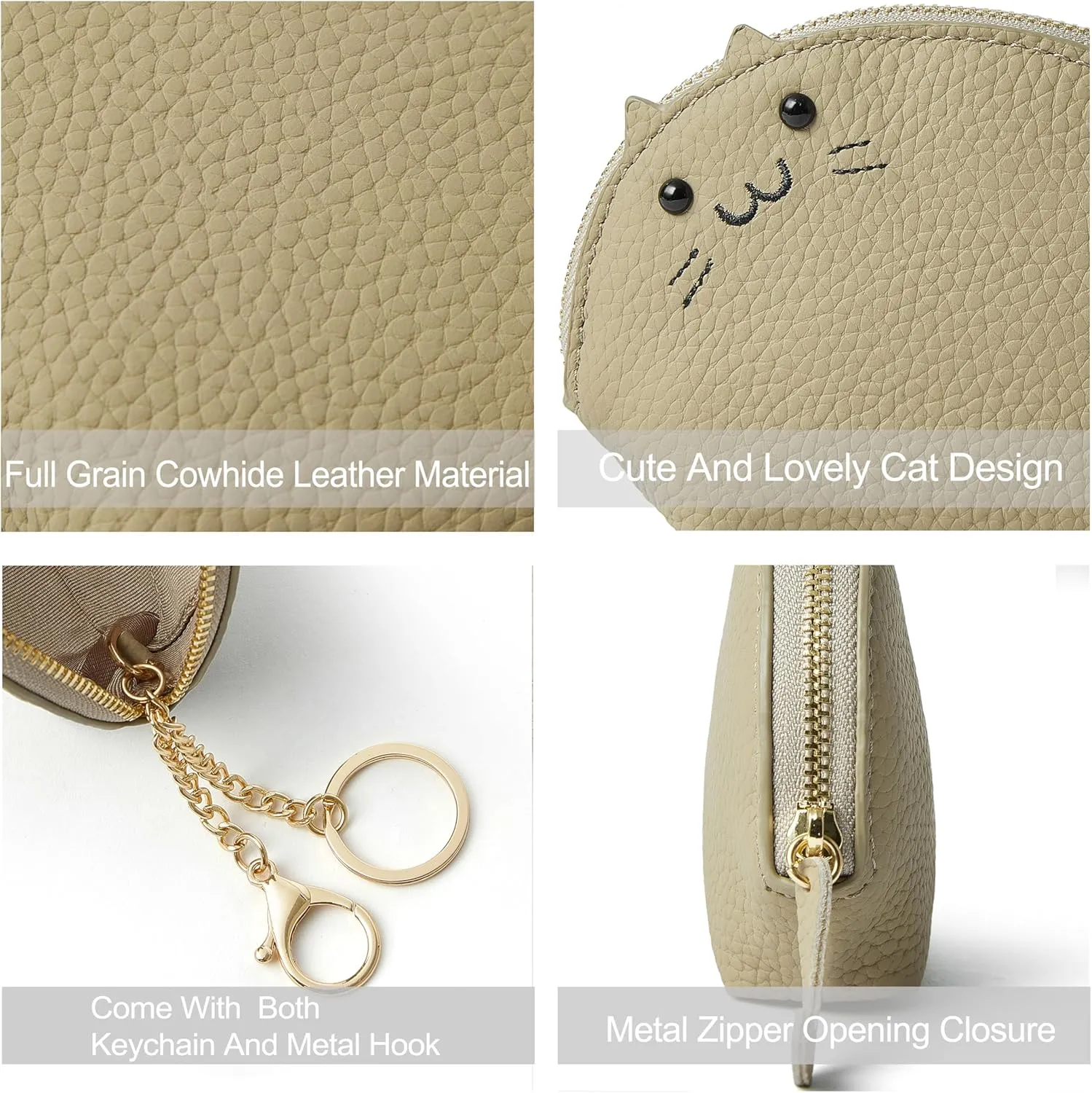 Doris&Jacky Leather Zipper Coin Purse Lovely Cat Design Coin Pouch And Wallet With Keychain (1-Grey)