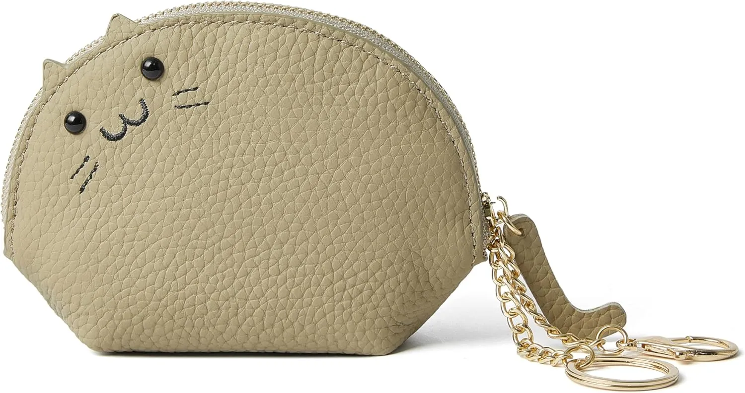 Doris&Jacky Leather Zipper Coin Purse Lovely Cat Design Coin Pouch And Wallet With Keychain (1-Grey)
